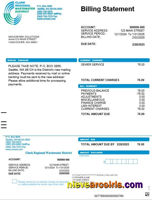 USA Washington Clark Regional Wastewater District business utility bill